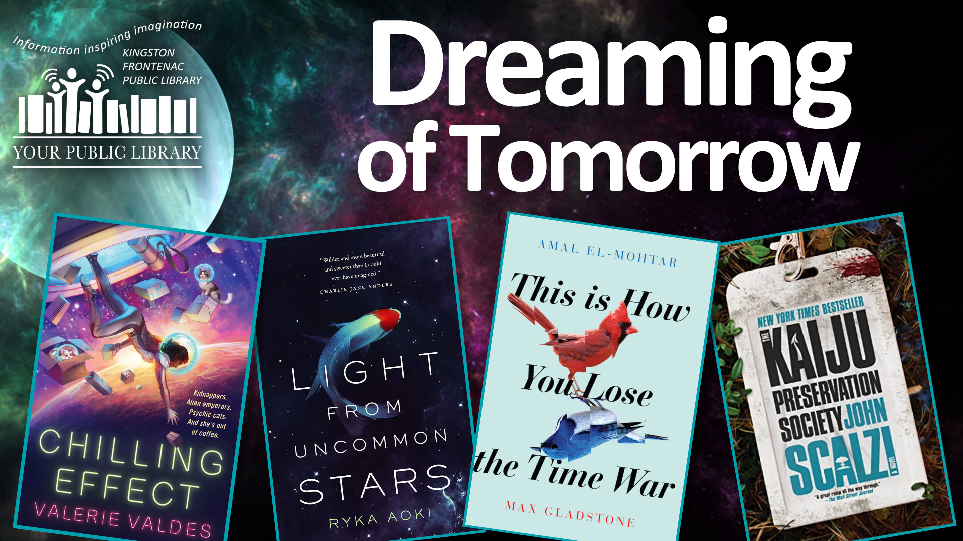 A collage of books against a space background with text reading Dreaming of Tomorrow